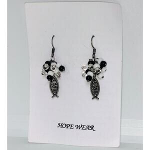 Hope Wear Jesus Fish Earrings Faith Christian Jewelry Silver Tone Dangle Beaded